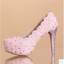 2015 women s fashion Sweet white flower lace platform high heels pearls wedding shoes bride dress
