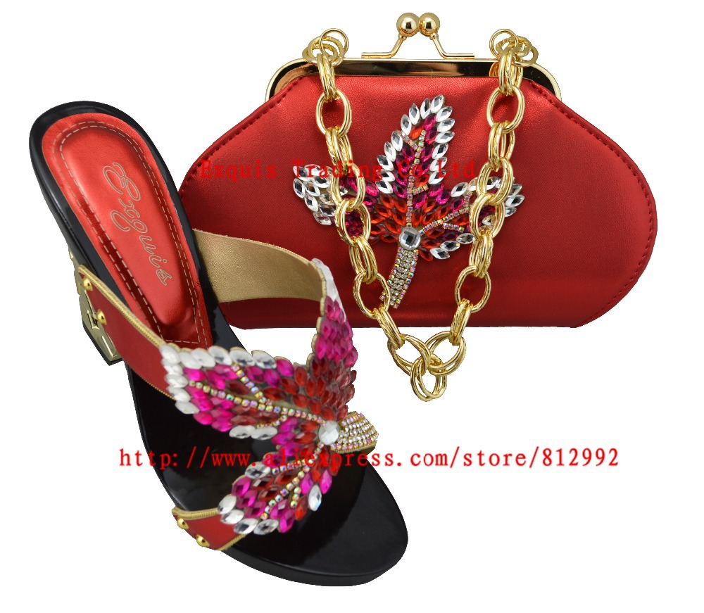 Hot glitter Italy matching shoe and bag set with shinning stones with free shipping for party