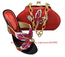 Hot glitter Italy matching shoe and bag set with shinning stones with free shipping for party in SL08  Size 39-43 RED