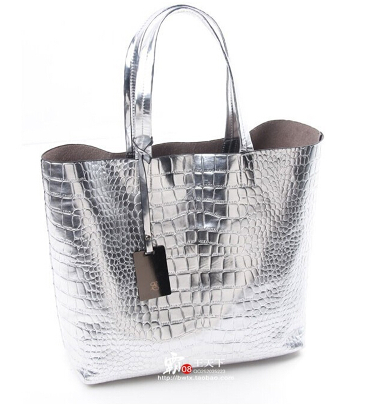 New Fashion Sliver PU Leather Crocodile Pattern Women Messenger Casual Tote Bags Europe LadiesClutch Bags Fake