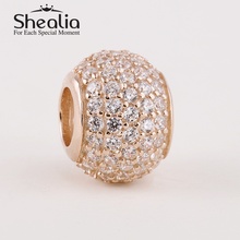 2014 new 14k rose gold plated pave cz crystal ball Beads 925 sterling silver jewelry fit women famous brand charm bracelets diy