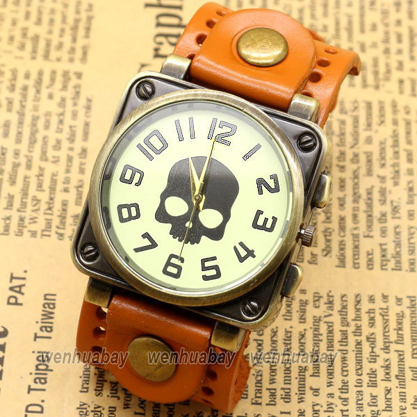 Retro Vintage Skull Black Leather Band Bracelet Quartz Wrist Watch Men Boy Casual Watch B2221
