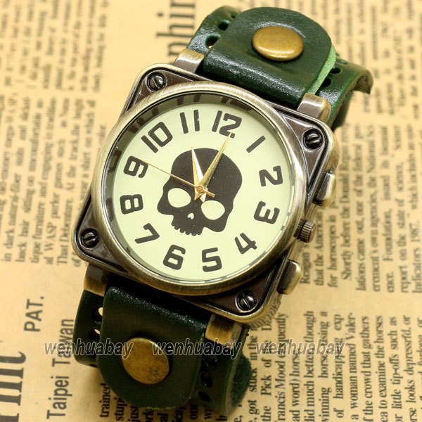 Retro Vintage Skull Black Leather Band Bracelet Quartz Wrist Watch Men Boy Casual Watch B2221