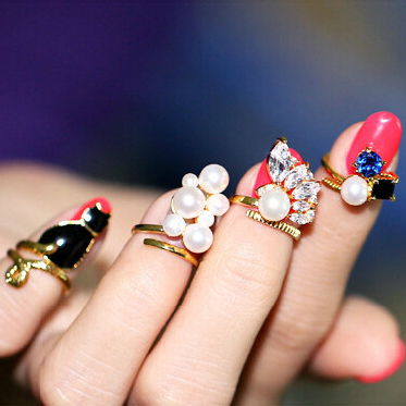 HUALUO JewelryJapanese Harajuku Style Cat Family Imitation Diamond Pearl Gemstone Rings A Family Of Four Rings