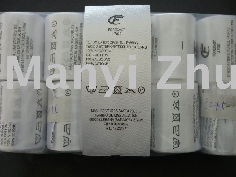 SATIN PRINTING LABEL FOR T-SHIRT , One side printed,size9.4cm height x4cm width ,color: white background and black writing