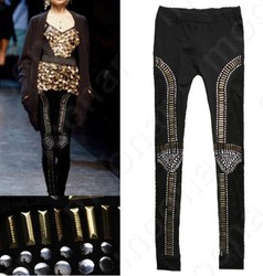 EAST KNITTING ZD-001 Woman Punk Fishnet Bling Bead-embellished Bullet Leggings Geometric Paneled Tights Rivet leggings M/L(China (Mainland))