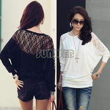 2012 New Fashion Women';s Batwing Top Dolman Lace Loose Long Sleeve T-Shirt Blouse Black White M-L free shipping 5674(China (Mainland))