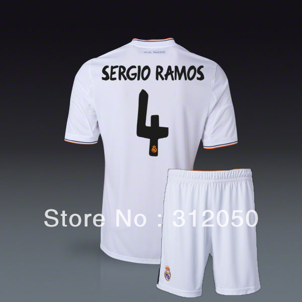 Spainish la liga Soccer uniforms real madrid 2013 14 home white jersey and short #4 Sergio Ramos football kits with LFP patch(China (Mainland))