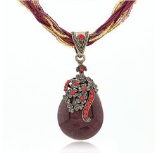 Popular Hand Made Rope Ethnic Bohemian Style Gem Water Drop Pendant Necklace Hollow Flower Rhinestone Jewelry