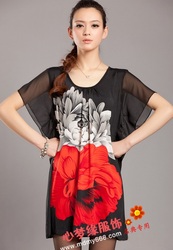 Free Shipping Loose Women Printed Big Flower Batwing Dress,Red/Purple Round Neck Brief Casual Dress Plus Size S M L XL XXL(China (Mainland))