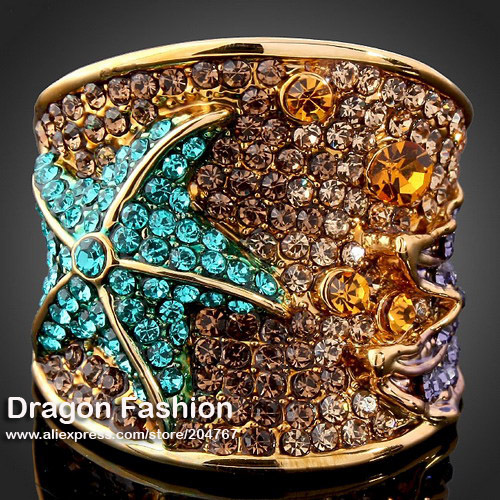 Gold Plated Blue Austrian Rhinestone Crystal Imitation Diamond Starfish Rings Jewelry for Women Free Shipping Dragon