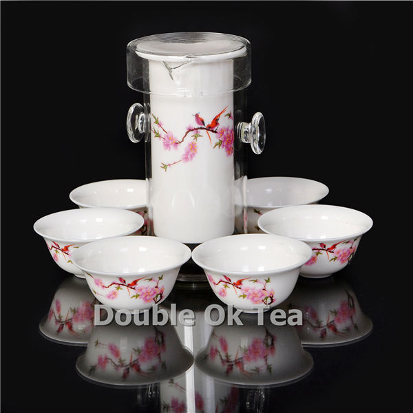 Peach 7pcs Fine Chinese Black Tea Glass Gongfu Set For Tea 1 Ceramic Teapot 6 Bone