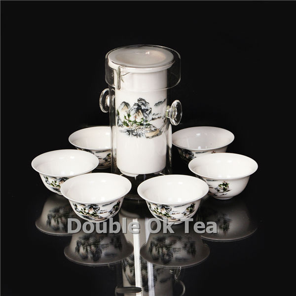 Landscape Painting 7pcs Chinese Porcelain Kungfu Set Black Tea 1 Ceramic Double Wall Teapot Filter 6