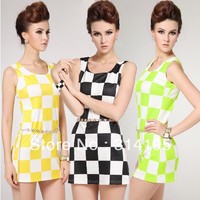 Hot!! Free Shipping 2013 New Arrive Fashion Vintage Plaid One-piece Dress Slim Tank Lady Dress with Diamond Belt size-S,M,L