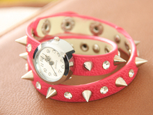 New Arrival Punk Cow Leather winding women Watches spike leather bracelet 100% Excellent Quality Christmas Holiday jewelry
