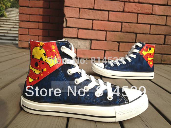 Hot Sale Superman Fashion Shoes Canvas Hand Painted Blue High Top Sneakers