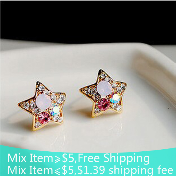 free shipping fashion accessories colorful cute crystal stud earring full rhinestone five pointed star earrings female