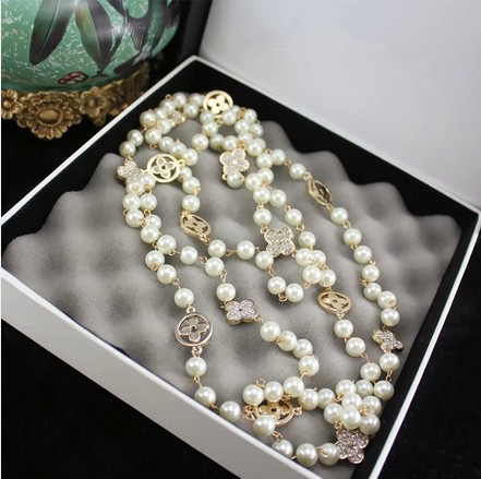 2015 Fashion Vintage Jewelry Pearl Necklace Four Leaf Long Sweater Chain Necklace For Women X022