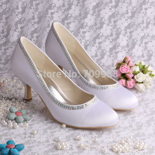 Individually Handmade Wedding Shoes Low Heels White Silk Party Pumps Closed Toes Dropshipping