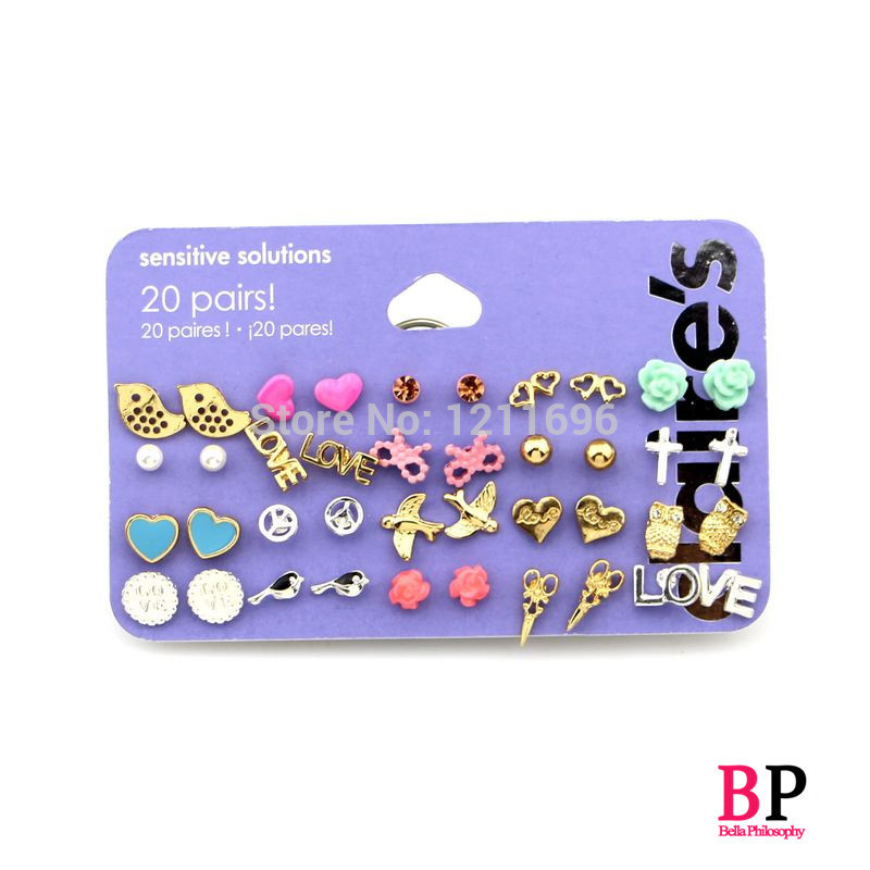 BP Jewelry Claire fashion accessories stud earring pack set 20 pairs birdIcecream stars cross flower love