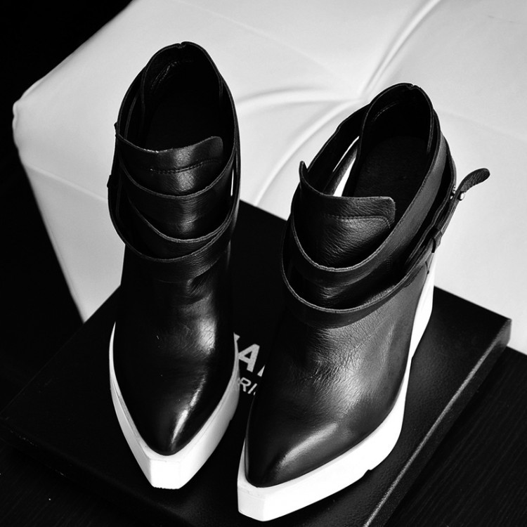 Free shipping genuine leather 2014 new style wedges women platform ankle boots buckle high heels shoes