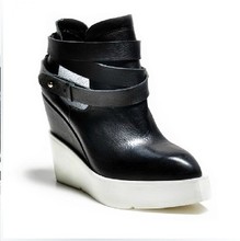 Free shipping genuine leather 2014 new style wedges women platform ankle boots buckle high heels shoes
