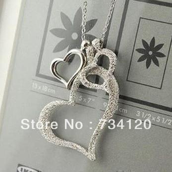 2015 HOT Free Shipping Gift Fashion Jewelry love grind sand Three Hearts Silver Necklace Silver 