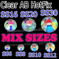 Mix 7 Sizes 1500pcs/Lot ,Clear AB HotFix SS6 SS8 SS10 SS12 SS16 SS20 SS30 FlatBack Rhinestones,Hot Fix glitters crystals stones