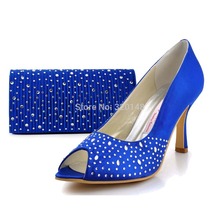 Blue Open Toe Rhinestone High Heel Satin Pumps Women’s Evening Dress Shoes With A Handbag Clutches
