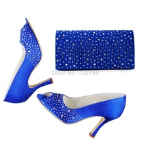 Shoes Bag Set EP11021 Blue Peep Toe Rhinestone Satin 3 5 Stiletto Heel Pumps Women s