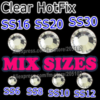 Mix 7 Sizes 1500pcs/Lot ,Clear HotFix SS6 SS8 SS10 SS12 SS16 SS20 SS30 DMC FlatBack Rhinestones,Hot Fix glitters crystals stones