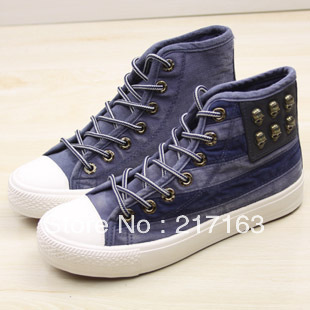 Free Shipping Huanqiu Global fashion rivet skull Women high top canvas shoes lacing shoes fashion colorant