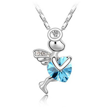 Cheap Promotion Elegant Silver Plated Austrian Crystal Sweet Heart Trainee Cupid Pendant Necklace Korean Jewelry For