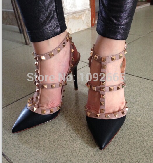 2014 genuine leather Warren rivet shoes 2 Straps heels pumps women shoes 15 style 38colour big