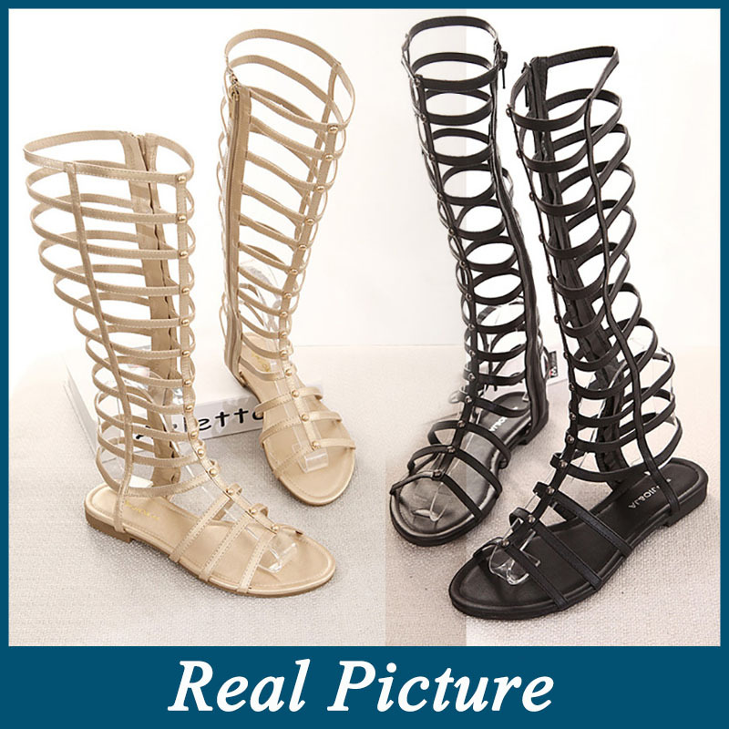 2014 Women Sandals Summer Flats Sexy Knee High boots gladiator Sandals Casual Flat Shoes designer free