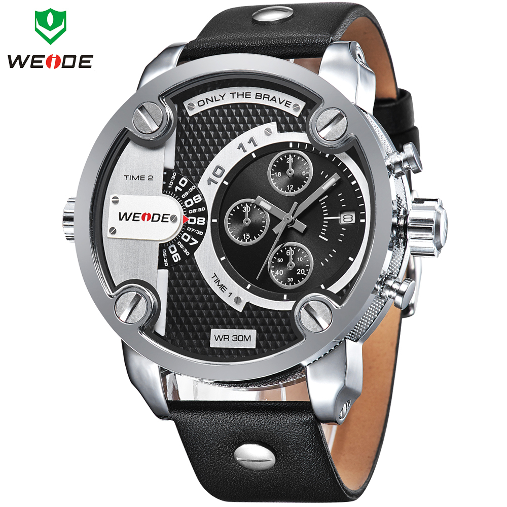 2015 New Fashion WEIDE Luxury Brand Genuine Leather Strap Quartz Watch Men Sport Watches Waterproof Oversize