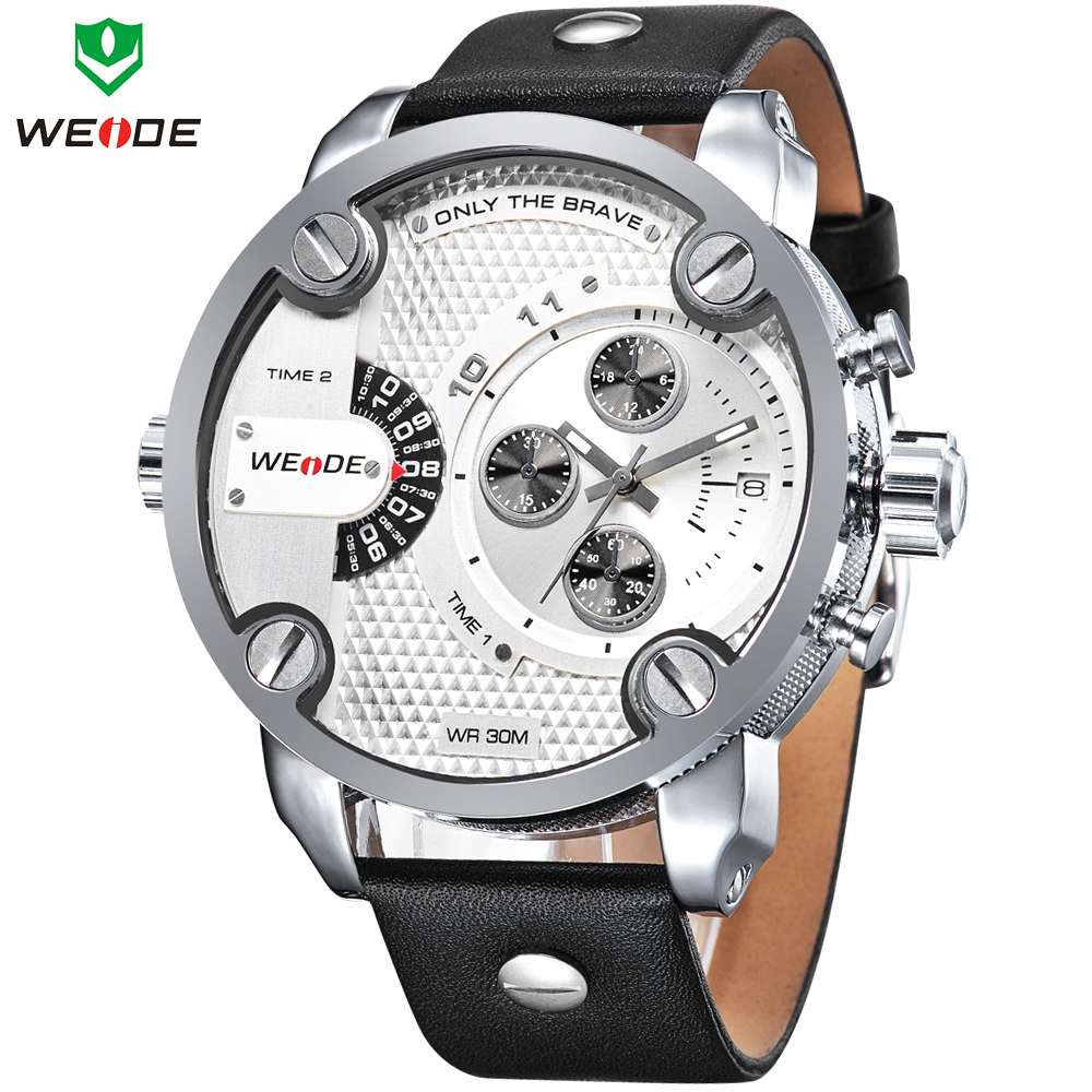 2015 New Fashion WEIDE Luxury Brand Genuine Leather Strap Quartz Watch Men Sport Watches Waterproof Oversize