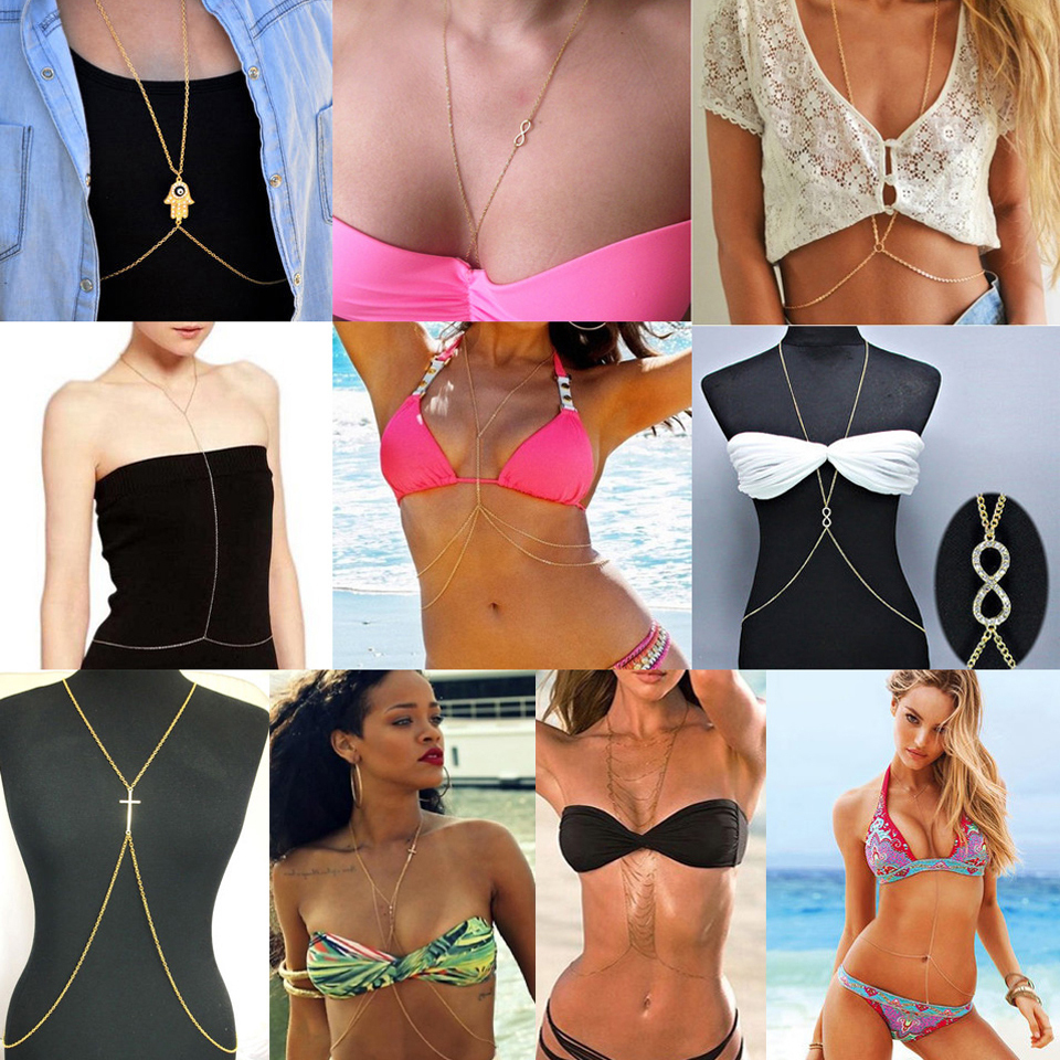 2015 sexy Free Shipping fashion celebrity jewelry gold plated Bikini beach crossover body harness belly waist