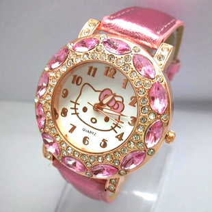 Праздничная распродажа высокое качество кожа привет котенок часы детей женщины одеваются мода кристалл наручные часы 1072