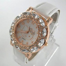 holiday sale high quality Leather Hello Kitty Watch Children women dress fashion Crystal wrist Watch 1072