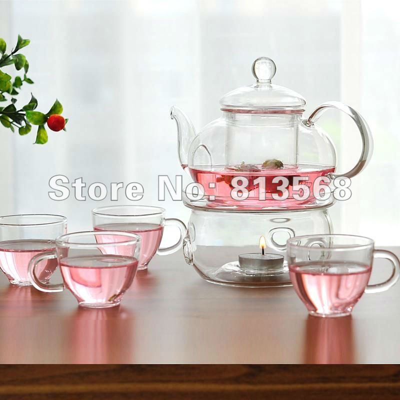 600ml glass coffee pot glass tea set with 4 cups warmer 5 candles Chinese hand made
