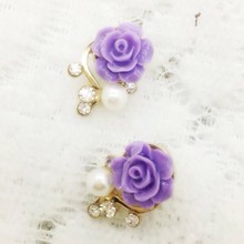 Hot Sale 2015 New Fashion 18K Gold Plated Cute Sweet Rose Flower Crystal Artificial Pearl Stud