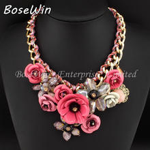 Top Sell Fashion Accessories Women Gold Chain Spray Paint Metal Flower Rhinestone Crystal Bib Necklaces Statement
