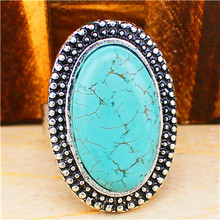 Vintage Look Tibet Alloy Silver Plated Milet Oval Turquoise Bead Adjustable Ring R302