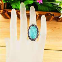 Vintage Look Tibet Alloy Antique Silver Plated Millet Oval Turquoise Bead Adjustable Ring R302