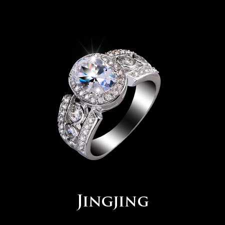 One Oval Shape cut 2carat Swiss Cubic Zirconia and Channel Mounting Halo Marriage Ring Jingjing JR005D