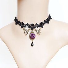 Gothic Black Lace Purple Flower Beads Pendant  Rosary Necklaces For Women Vintage Senior Pr Chokers Necklaces Free Shipping N302