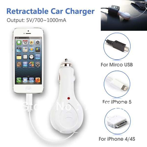 TIROL T20725b White Retractable Cable Car Charger Compatible for Cell Phone iP 5 with 1m Wire