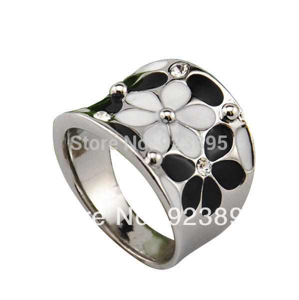 Size 6 9 Beautiful 18K White Gold Plated White Black Pink Enamel Women Rings Flower With