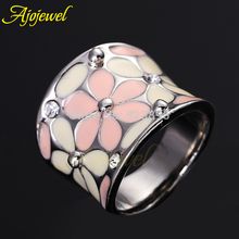Size 6 9 Beautiful 18K White Gold Plated White Black Pink Enamel Women Rings Flower With